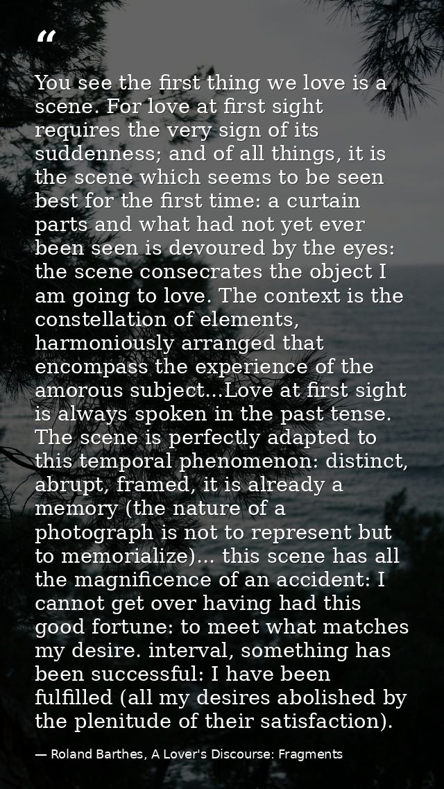 You see the first thing we love is a scene. For love at first sight requires the very sign of its suddenness; and of all — Roland Barthes, A Lover's Discourse: Fragments