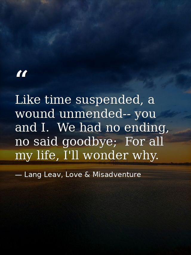 Like time suspended, a wound unmended-- you and I.  We had no ending, no said goodbye;  For all my life, I'll wonder why — Lang Leav, Love & Misadventure
