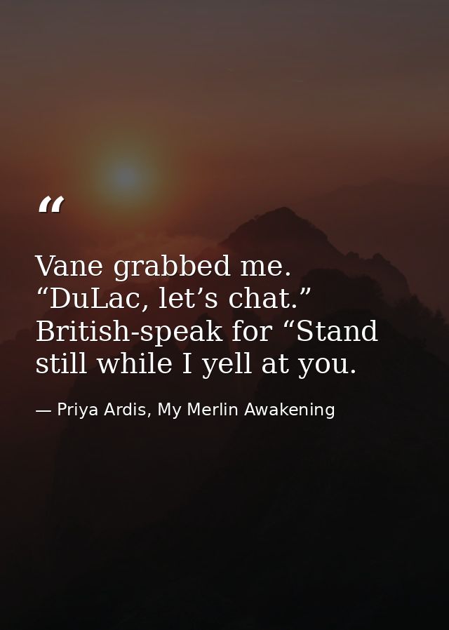 Vane grabbed me. “DuLac, let’s chat.” British-speak for “Stand still while I yell at you. — Priya Ardis, My Merlin Awakening