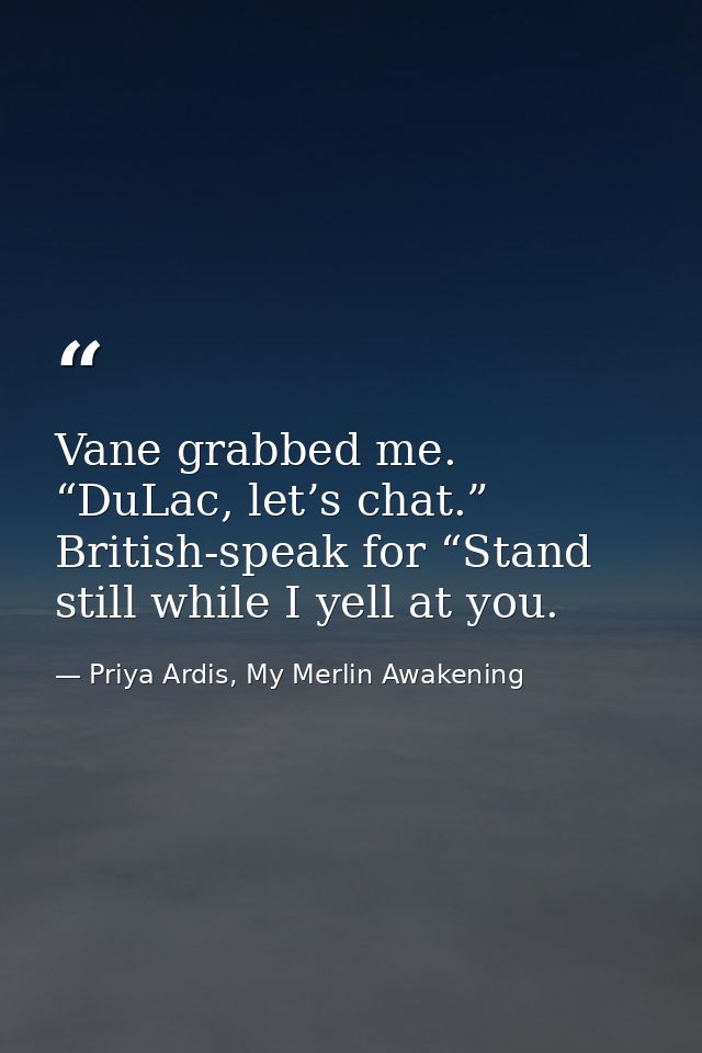 Vane grabbed me. “DuLac, let’s chat.” British-speak for “Stand still while I yell at you. — Priya Ardis, My Merlin Awakening
