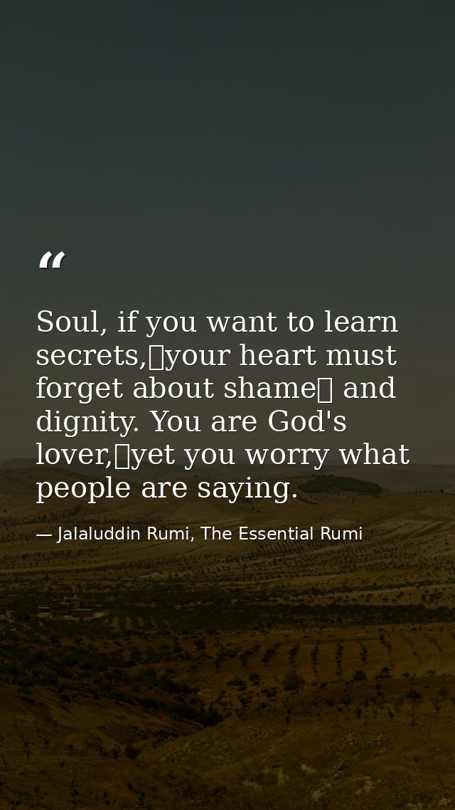 Soul, if you want to learn secrets, your heart must forget about shame  and dignity. You are God's lover, yet you worry  — Jalaluddin Rumi, The Essential Rumi