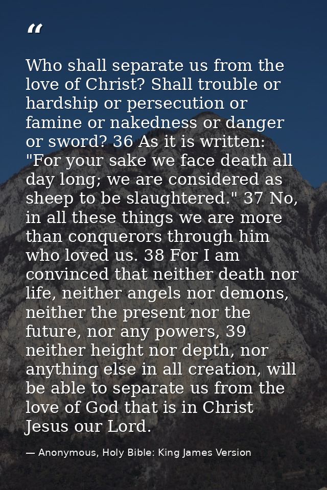 Who shall separate us from the love of Christ? Shall trouble or hardship or persecution or famine or nakedness or danger — Anonymous, Holy Bible: King James Version