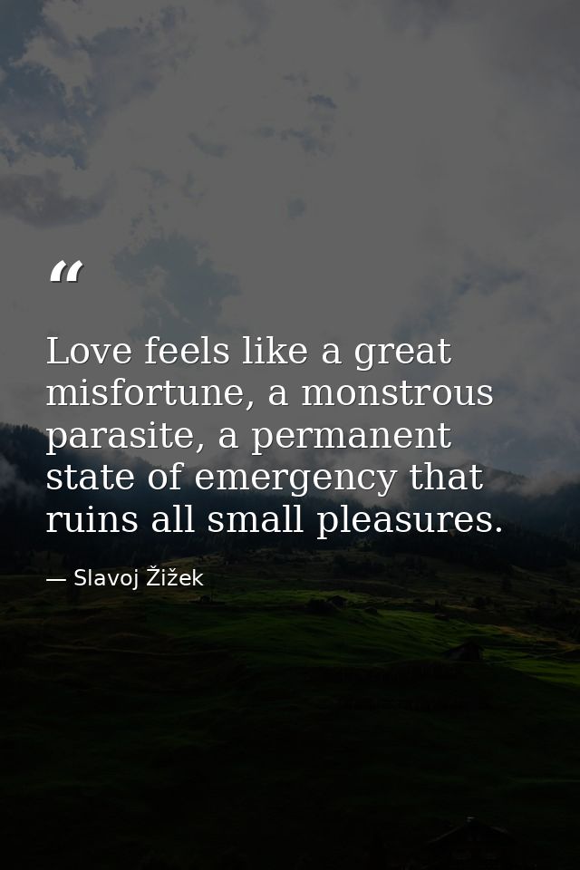 Love feels like a great misfortune, a monstrous parasite, a permanent state of emergency that ruins all small pleasures. — Slavoj Žižek
