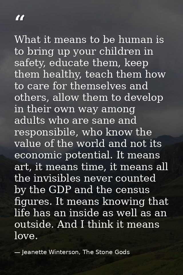 What it means to be human is to bring up your children in safety, educate them, keep them healthy, teach them how to car — Jeanette Winterson, The Stone Gods