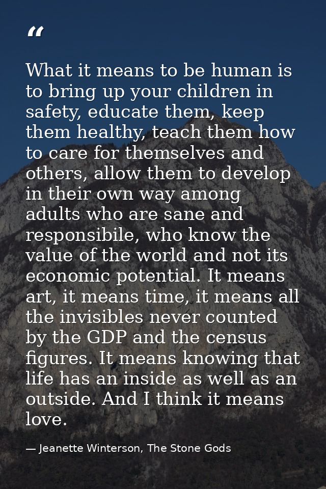 What it means to be human is to bring up your children in safety, educate them, keep them healthy, teach them how to car — Jeanette Winterson, The Stone Gods