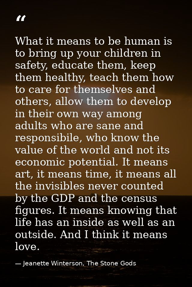 What it means to be human is to bring up your children in safety, educate them, keep them healthy, teach them how to car — Jeanette Winterson, The Stone Gods