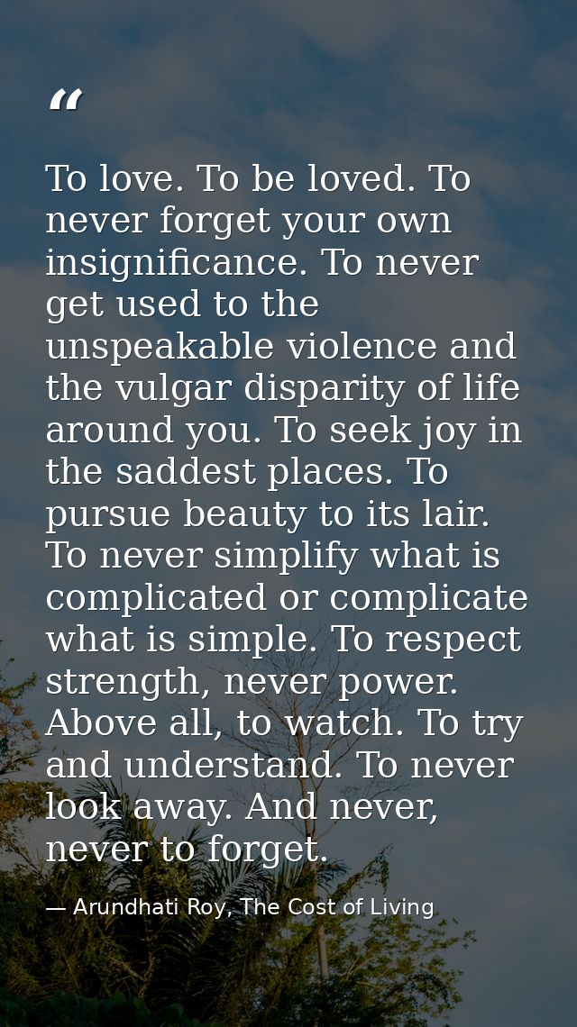 To love. To be loved. To never forget your own insignificance. To never get used to the unspeakable violence and the vul — Arundhati Roy, The Cost of Living