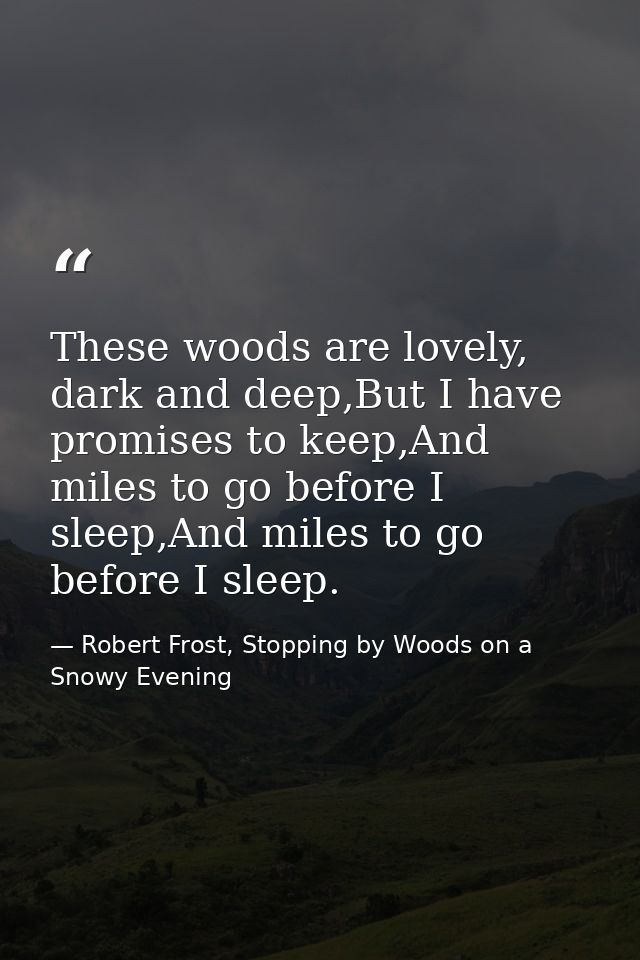 These woods are lovely, dark and deep,But I have promises to keep,And miles to go before I sleep,And miles to go before  — Robert Frost, Stopping by Woods on a Snowy Evening