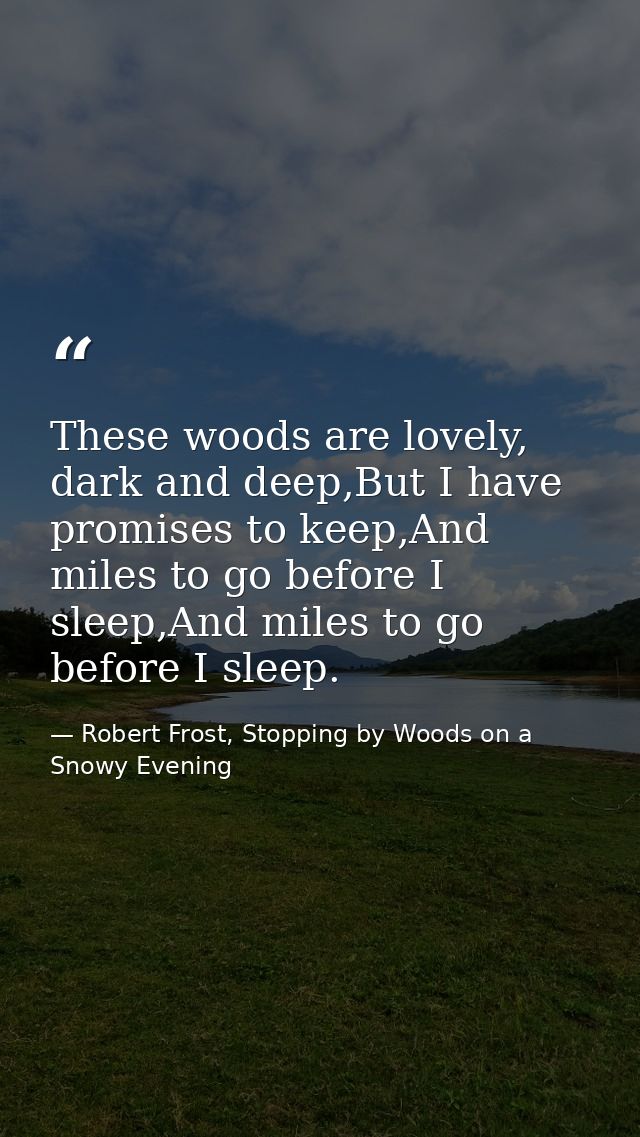 These woods are lovely, dark and deep,But I have promises to keep,And miles to go before I sleep,And miles to go before  — Robert Frost, Stopping by Woods on a Snowy Evening