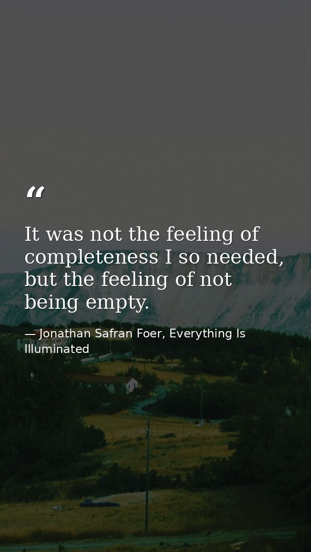 It was not the feeling of completeness I so needed, but the feeling of not being empty. — Jonathan Safran Foer, Everything Is Illuminated