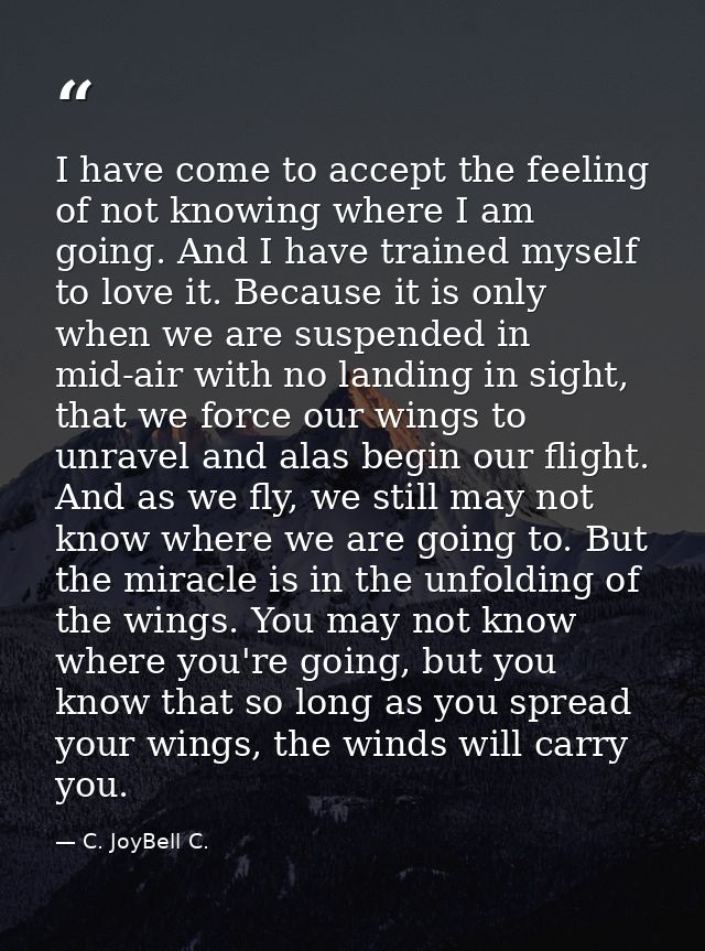 I have come to accept the feeling of not knowing where I am going. And I have trained myself to love it. Because it is o — C. JoyBell C.