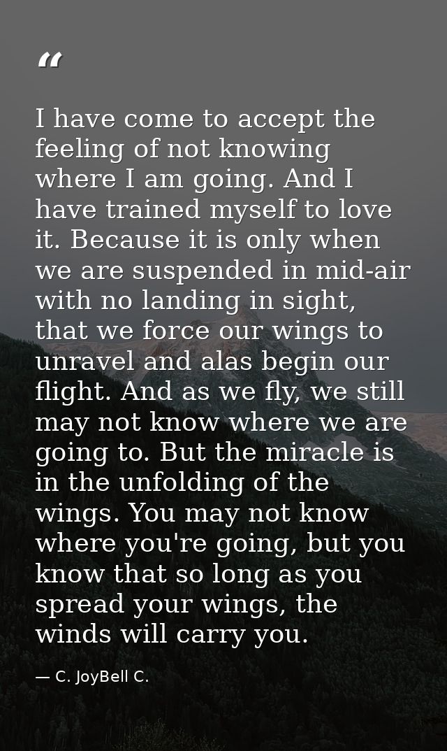 I have come to accept the feeling of not knowing where I am going. And I have trained myself to love it. Because it is o — C. JoyBell C.