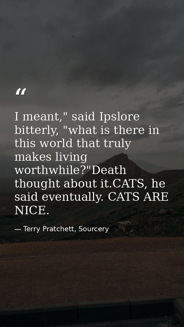 I meant," said Ipslore bitterly, "what is there in this world that truly makes living worthwhile?"Death thought about it — Terry Pratchett, Sourcery