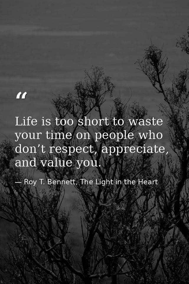 Life is too short to waste your time on people who don’t respect, appreciate, and value you. — Roy T. Bennett, The Light in the Heart