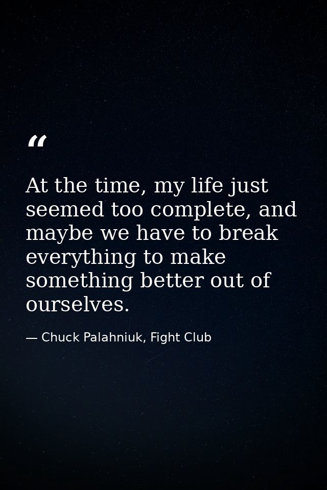 At the time, my life just seemed too complete, and maybe we have to break everything to make something better out of our — Chuck Palahniuk, Fight Club