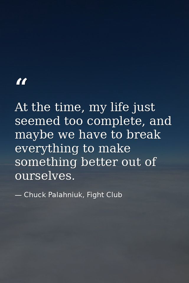 At the time, my life just seemed too complete, and maybe we have to break everything to make something better out of our — Chuck Palahniuk, Fight Club