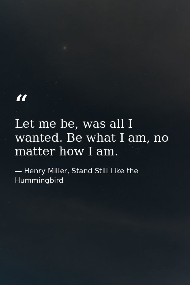 Let me be, was all I wanted. Be what I am, no matter how I am. — Henry Miller, Stand Still Like the Hummingbird