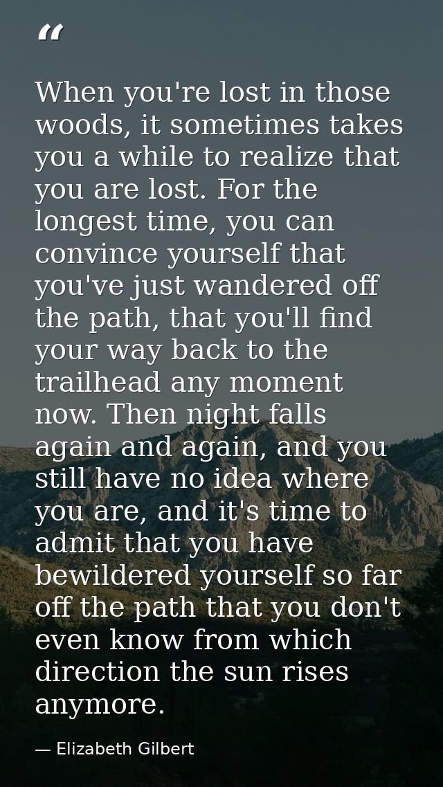 When you're lost in those woods, it sometimes takes you a while to realize that you are lost. For the longest time, you  — Elizabeth Gilbert