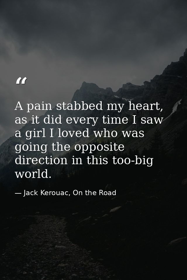 A pain stabbed my heart, as it did every time I saw a girl I loved who was going the opposite direction in this too-big  — Jack Kerouac, On the Road