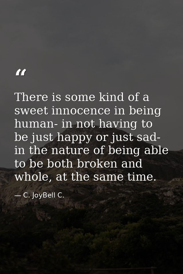 There is some kind of a sweet innocence in being human- in not having to be just happy or just sad- in the nature of bei — C. JoyBell C.