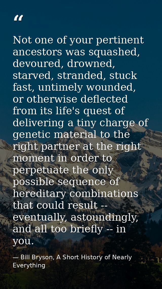 Not one of your pertinent ancestors was squashed, devoured, drowned, starved, stranded, stuck fast, untimely wounded, or — Bill Bryson, A Short History of Nearly Everything