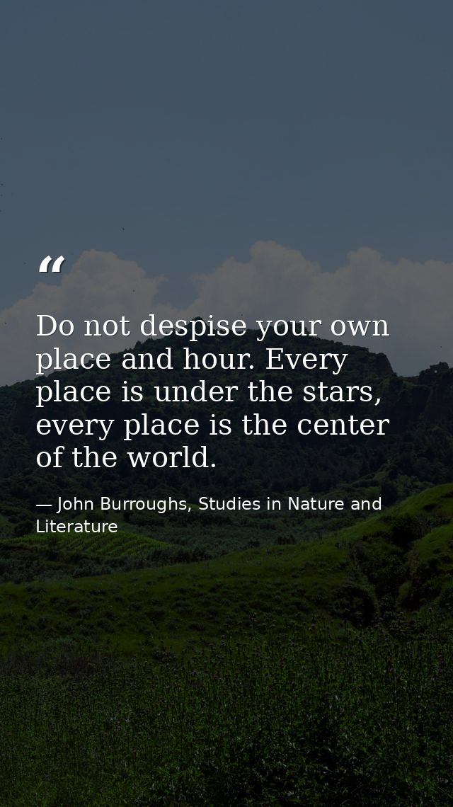 Do not despise your own place and hour. Every place is under the stars, every place is the center of the world. — John Burroughs, Studies in Nature and Literature