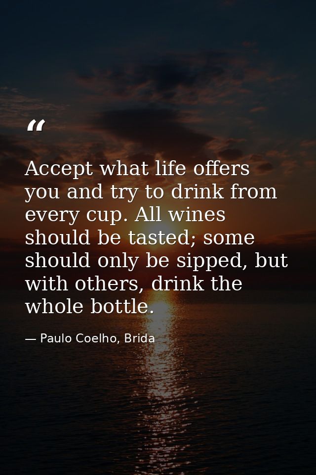 Accept what life offers you and try to drink from every cup. All wines should be tasted; some should only be sipped, but — Paulo Coelho, Brida
