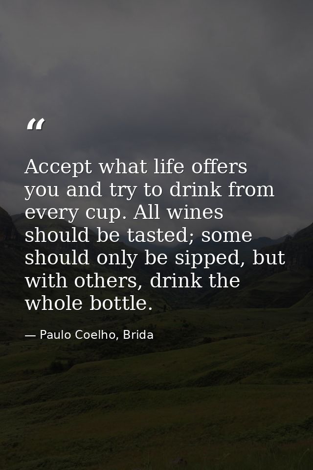 Accept what life offers you and try to drink from every cup. All wines should be tasted; some should only be sipped, but — Paulo Coelho, Brida