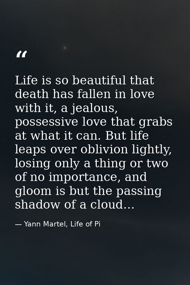 Life is so beautiful that death has fallen in love with it, a jealous, possessive love that grabs at what it can. But li — Yann Martel, Life of Pi