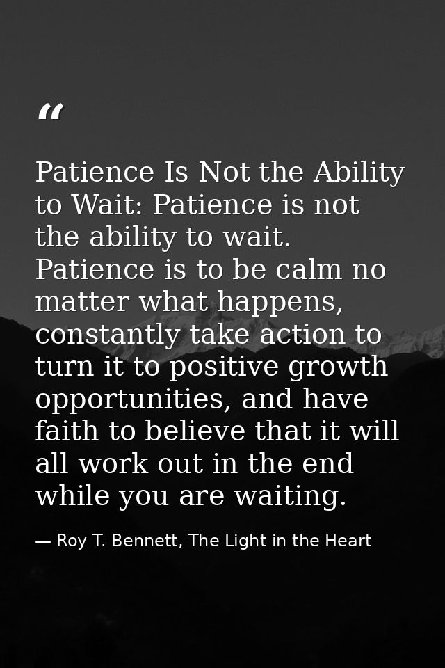 Patience Is Not the Ability to Wait: Patience is not the ability to wait. Patience is to be calm no matter what happens, — Roy T. Bennett, The Light in the Heart