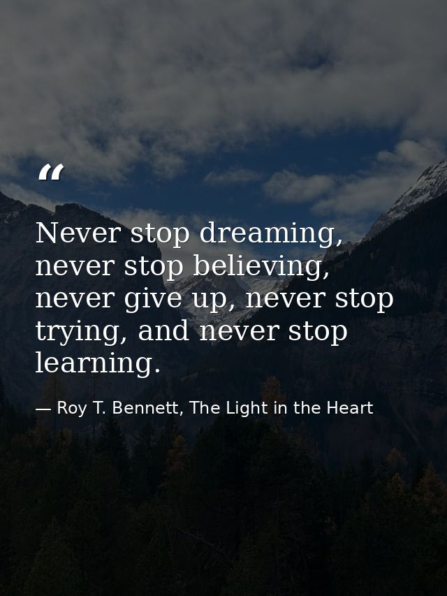 Never stop dreaming, never stop believing, never give up, never stop trying, and never stop learning. — Roy T. Bennett, The Light in the Heart