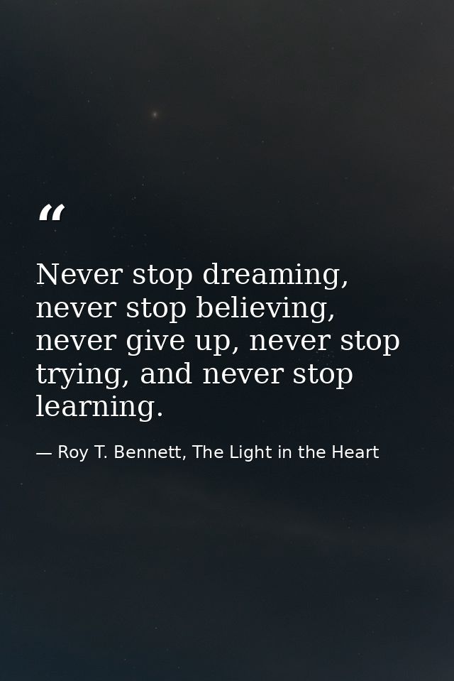 Never stop dreaming, never stop believing, never give up, never stop trying, and never stop learning. — Roy T. Bennett, The Light in the Heart