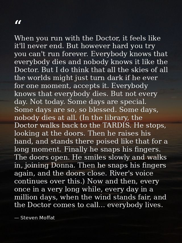 When you run with the Doctor, it feels like it'll never end. But however hard you try you can't run forever. Everybody k — Steven Moffat