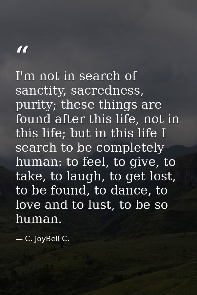 I'm not in search of sanctity, sacredness, purity; these things are found after this life, not in this life; but in this — C. JoyBell C.