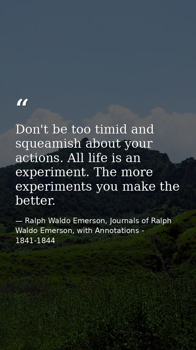 Don't be too timid and squeamish about your actions. All life is an experiment. The more experiments you make the better — Ralph Waldo Emerson, Journals of Ralph Waldo Emerson, with Annotations - 1841-1844