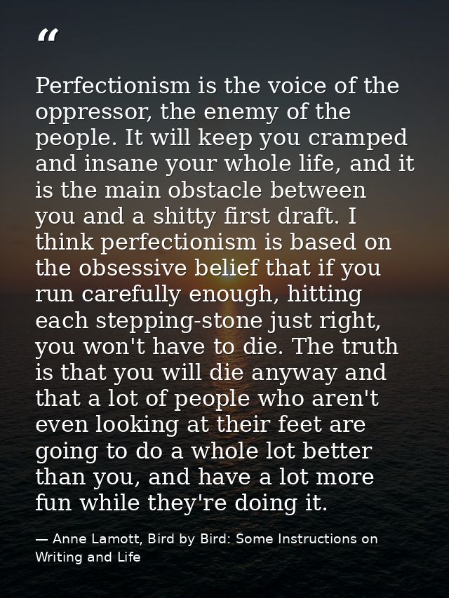 Perfectionism is the voice of the oppressor, the enemy of the people. It will keep you cramped and insane your whole lif — Anne Lamott, Bird by Bird: Some Instructions on Writing and Life