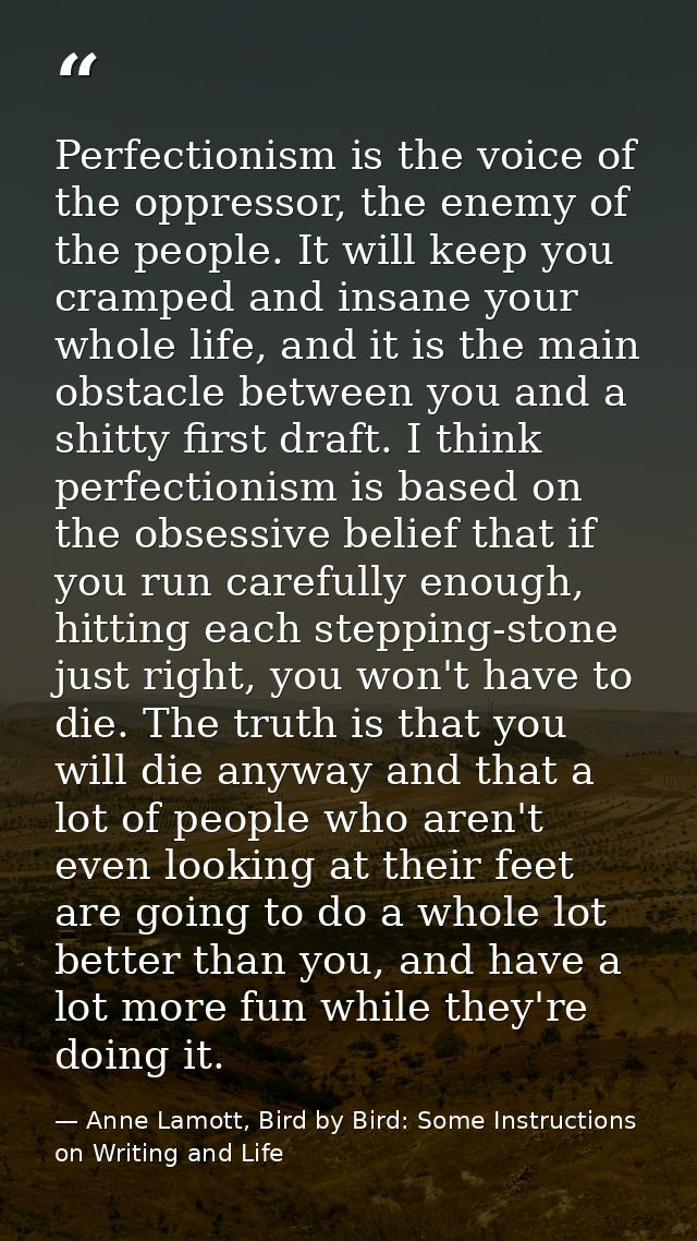 Perfectionism is the voice of the oppressor, the enemy of the people. It will keep you cramped and insane your whole lif — Anne Lamott, Bird by Bird: Some Instructions on Writing and Life