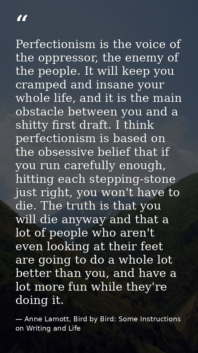 Perfectionism is the voice of the oppressor, the enemy of the people. It will keep you cramped and insane your whole lif — Anne Lamott, Bird by Bird: Some Instructions on Writing and Life