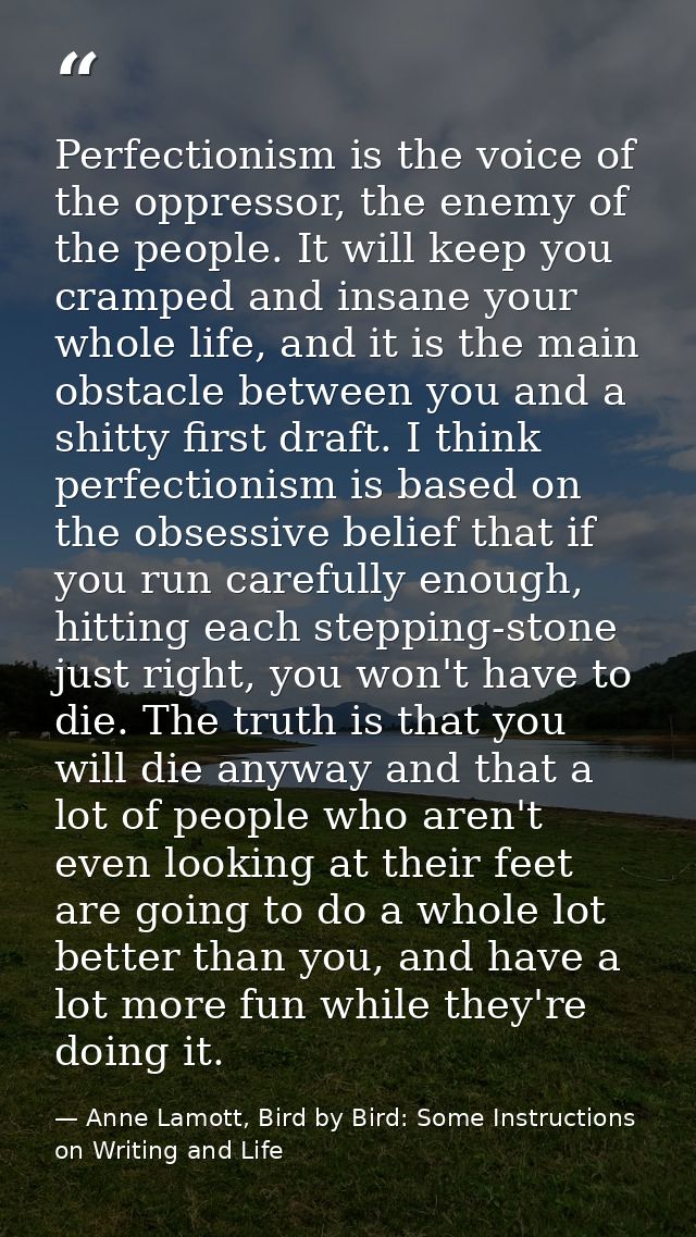 Perfectionism is the voice of the oppressor, the enemy of the people. It will keep you cramped and insane your whole lif — Anne Lamott, Bird by Bird: Some Instructions on Writing and Life
