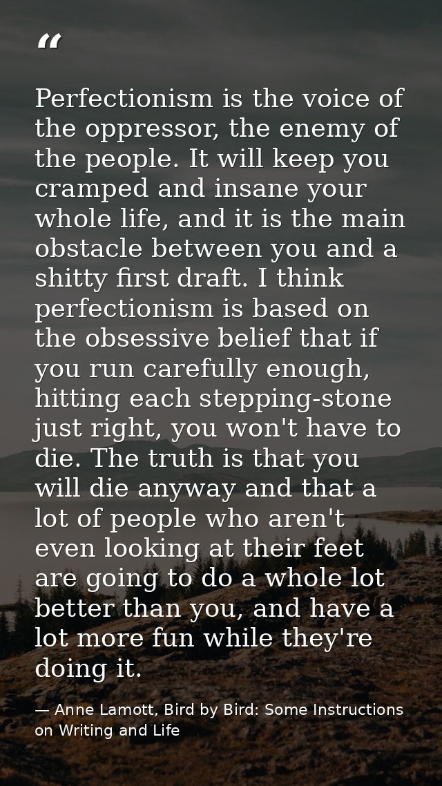 Perfectionism is the voice of the oppressor, the enemy of the people. It will keep you cramped and insane your whole lif — Anne Lamott, Bird by Bird: Some Instructions on Writing and Life