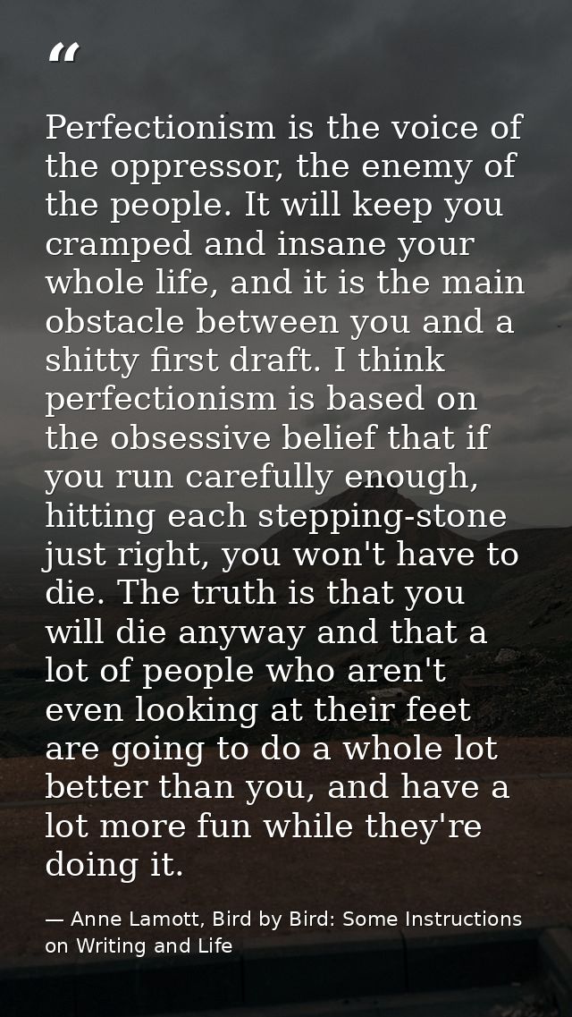Perfectionism is the voice of the oppressor, the enemy of the people. It will keep you cramped and insane your whole lif — Anne Lamott, Bird by Bird: Some Instructions on Writing and Life