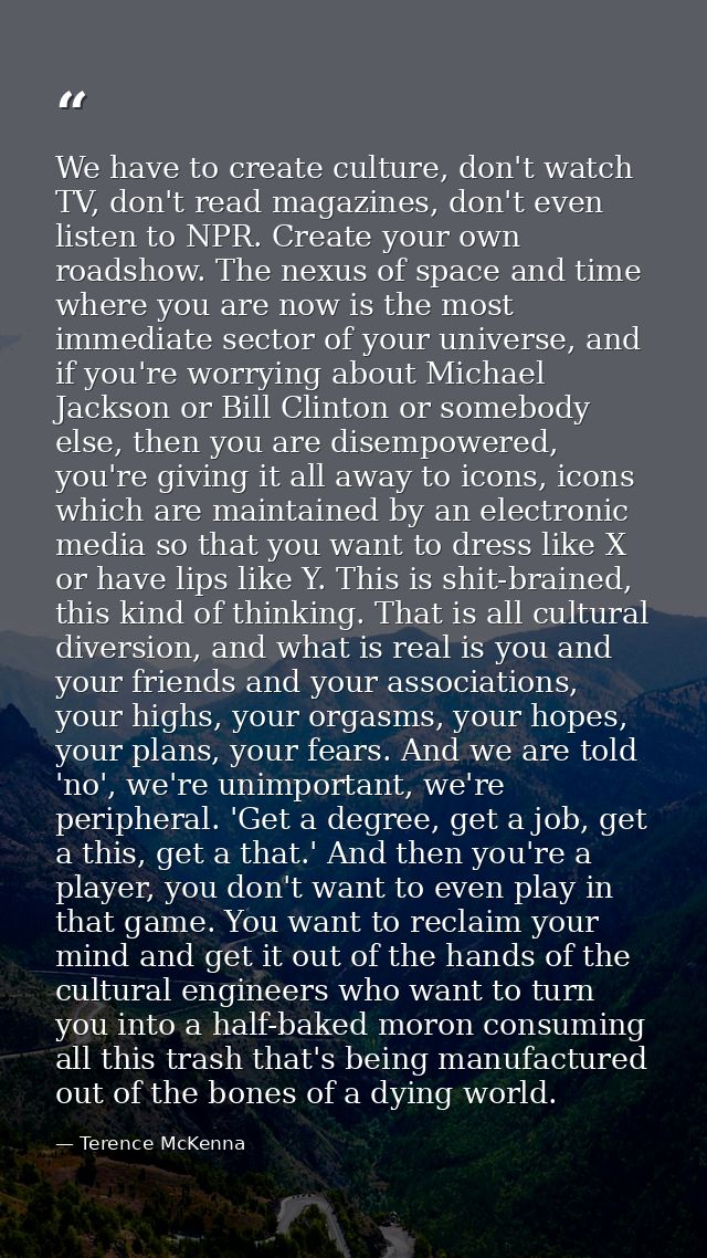 We have to create culture, don't watch TV, don't read magazines, don't even listen to NPR. Create your own roadshow. The — Terence McKenna