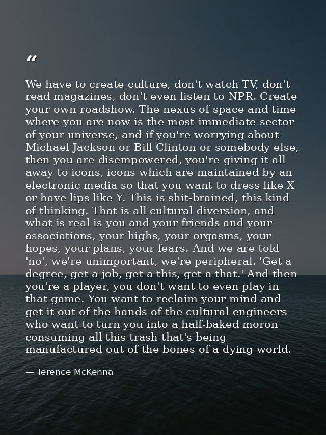 We have to create culture, don't watch TV, don't read magazines, don't even listen to NPR. Create your own roadshow. The — Terence McKenna
