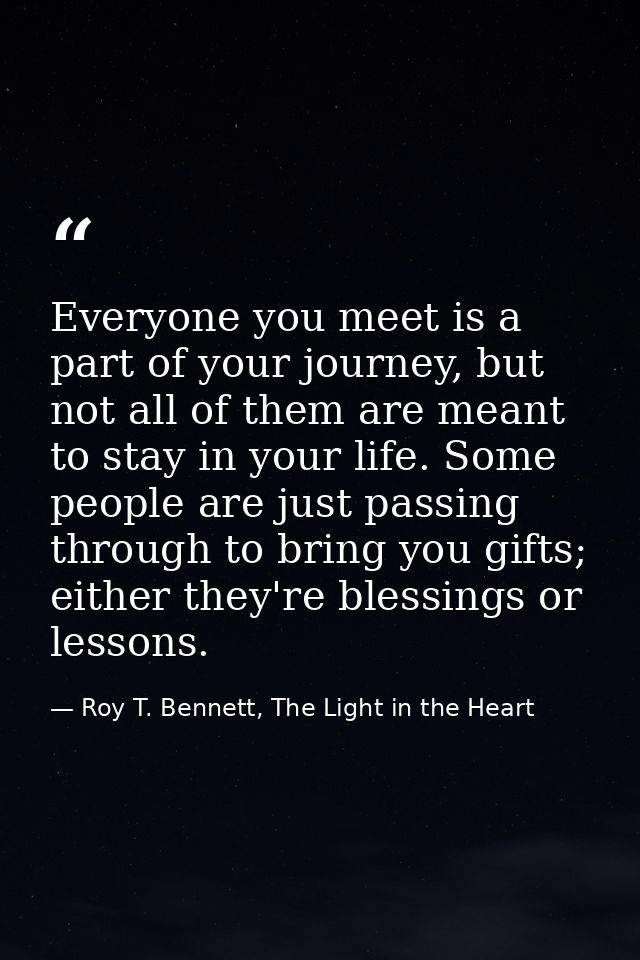 Everyone you meet is a part of your journey, but not all of them are meant to stay in your life. Some people are just pa — Roy T. Bennett, The Light in the Heart