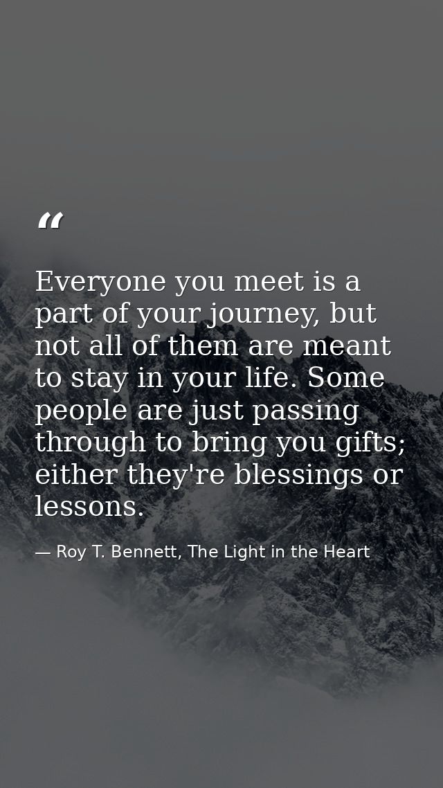Everyone you meet is a part of your journey, but not all of them are meant to stay in your life. Some people are just pa — Roy T. Bennett, The Light in the Heart