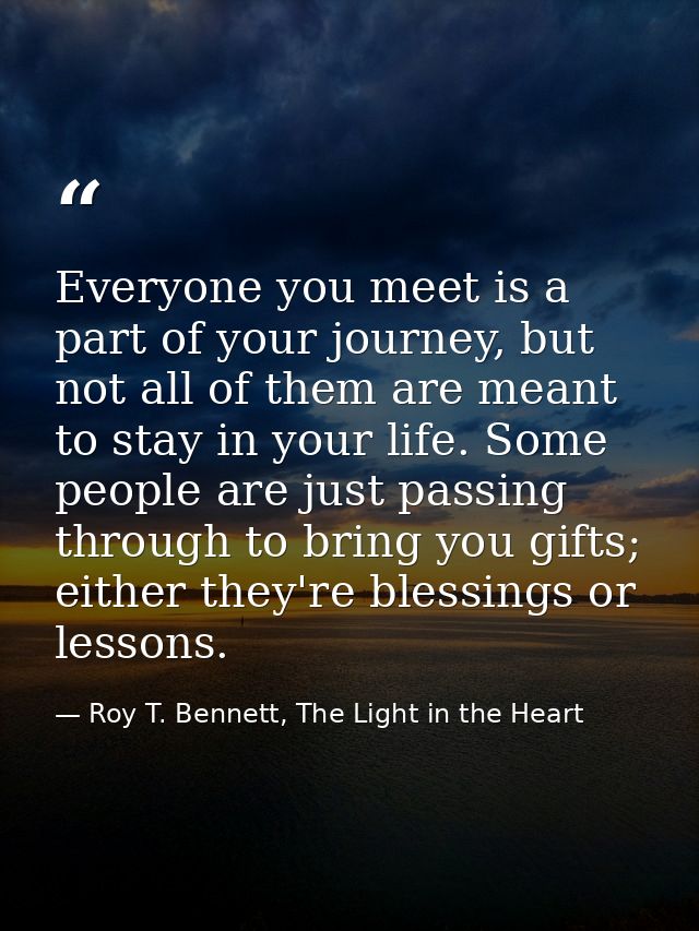Everyone you meet is a part of your journey, but not all of them are meant to stay in your life. Some people are just pa — Roy T. Bennett, The Light in the Heart
