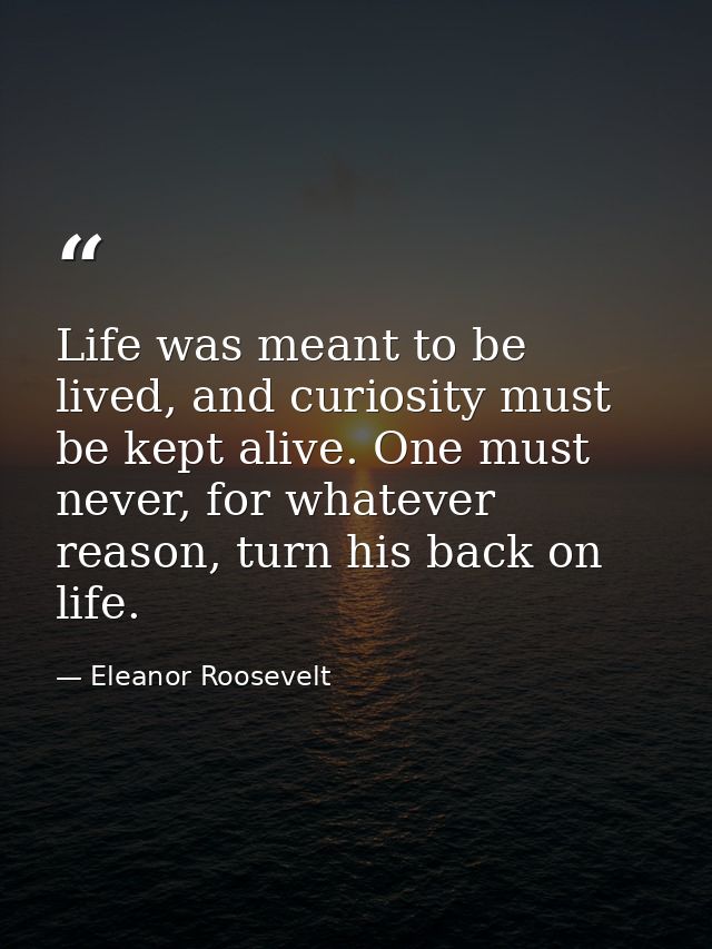 Life was meant to be lived, and curiosity must be kept alive. One must never, for whatever reason, turn his back on life — Eleanor Roosevelt