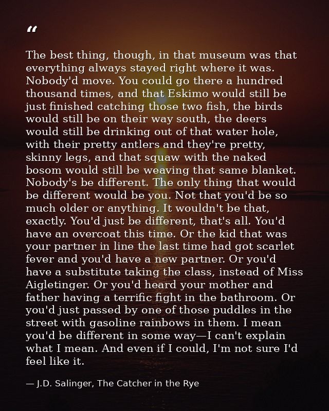 The best thing, though, in that museum was that everything always stayed right where it was. Nobody'd move. You could go — J.D. Salinger, The Catcher in the Rye