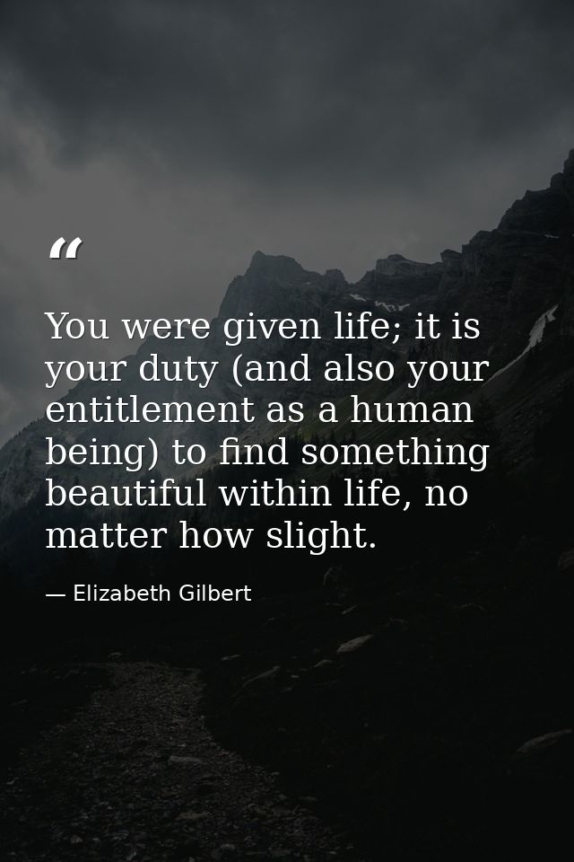 You were given life; it is your duty (and also your entitlement as a human being) to find something beautiful within lif — Elizabeth Gilbert