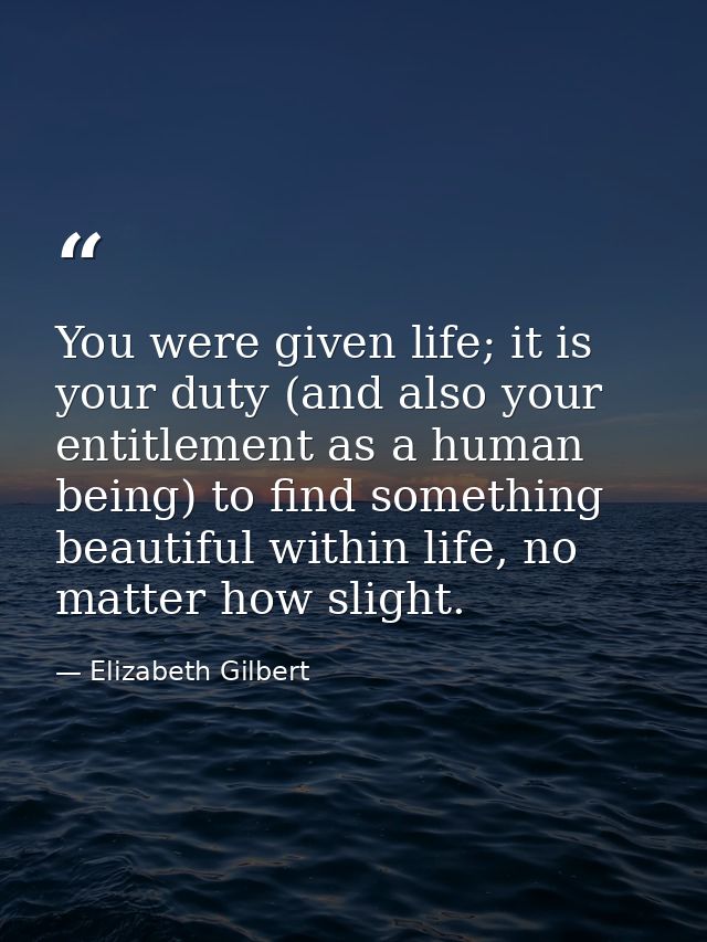 You were given life; it is your duty (and also your entitlement as a human being) to find something beautiful within lif — Elizabeth Gilbert